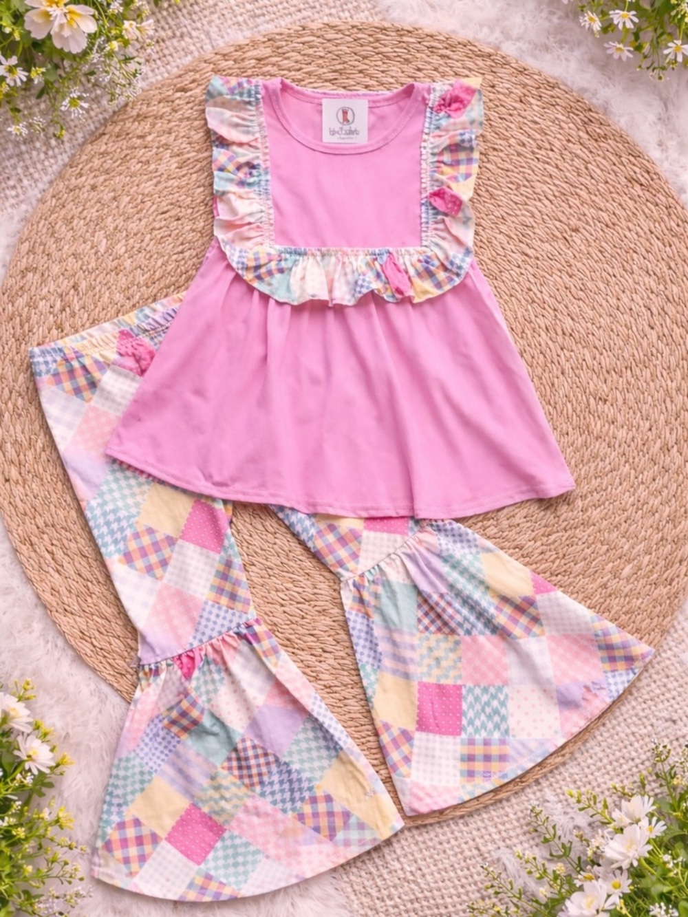 Wellie Kate Pink Patchwork Bell Bottom Set Girls 10/12 NWT Boutique